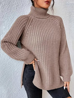 Women's Chunky Knit Turtleneck Jumper with Side Split