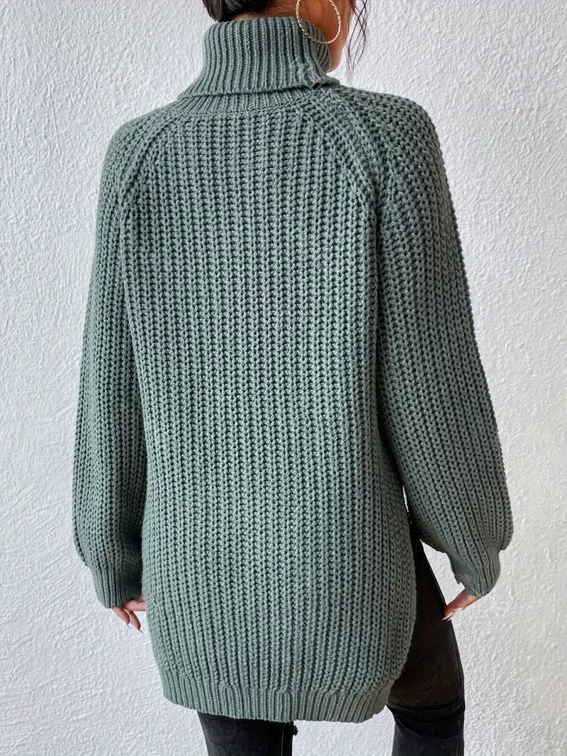 Women's Chunky Knit Turtleneck Jumper with Side Split