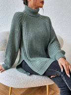 Women's Chunky Knit Turtleneck Jumper with Side Split