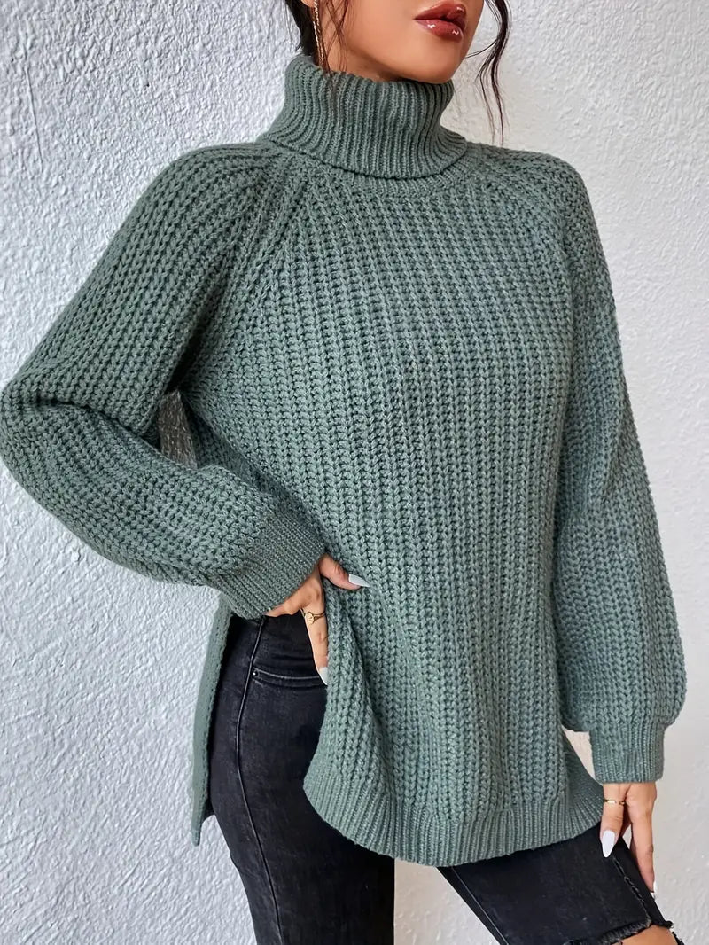 Women's Chunky Knit Turtleneck Jumper with Side Split