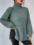 Women's Chunky Knit Turtleneck Jumper with Side Split