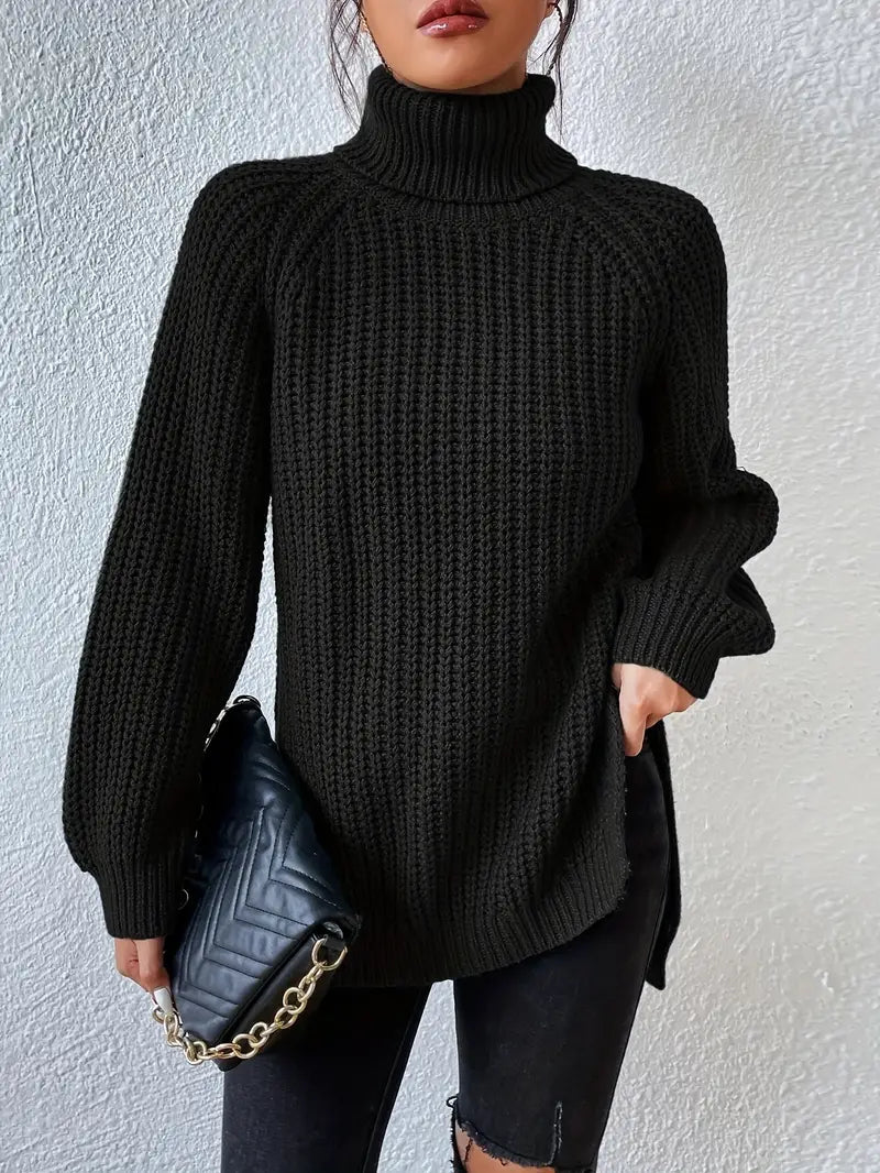 Women's Chunky Knit Turtleneck Jumper with Side Split