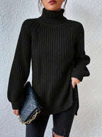 Women's Chunky Knit Turtleneck Jumper with Side Split