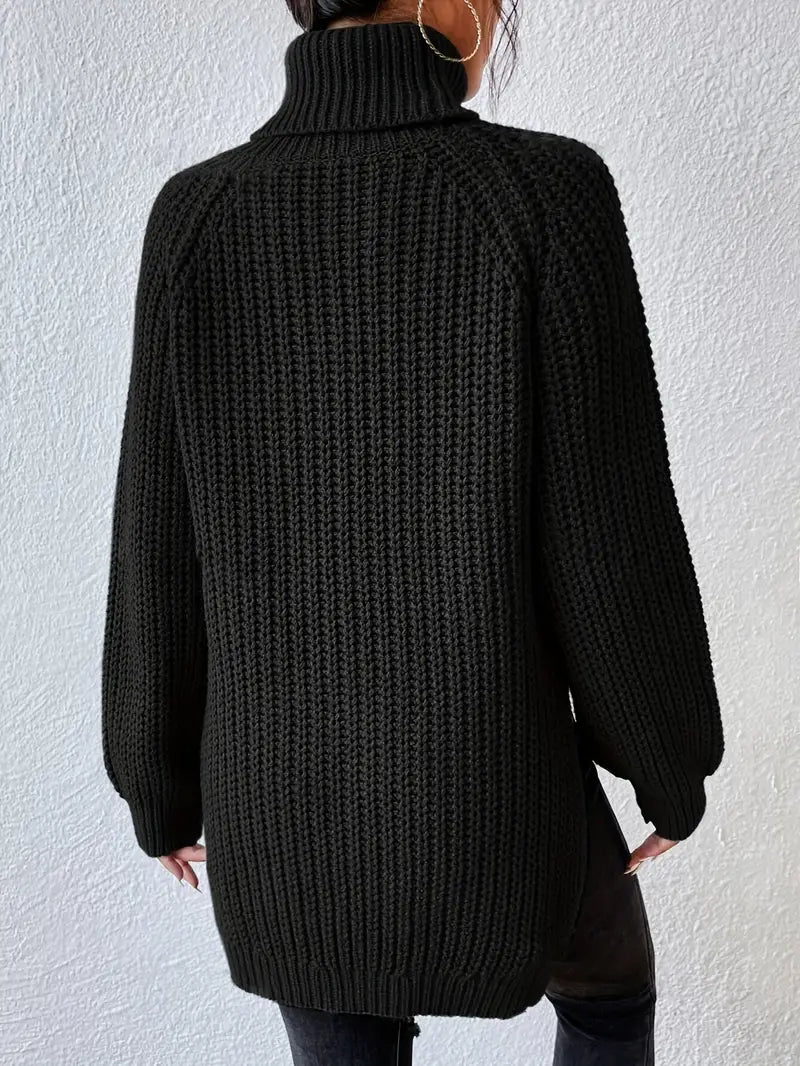 Women's Chunky Knit Turtleneck Jumper with Side Split
