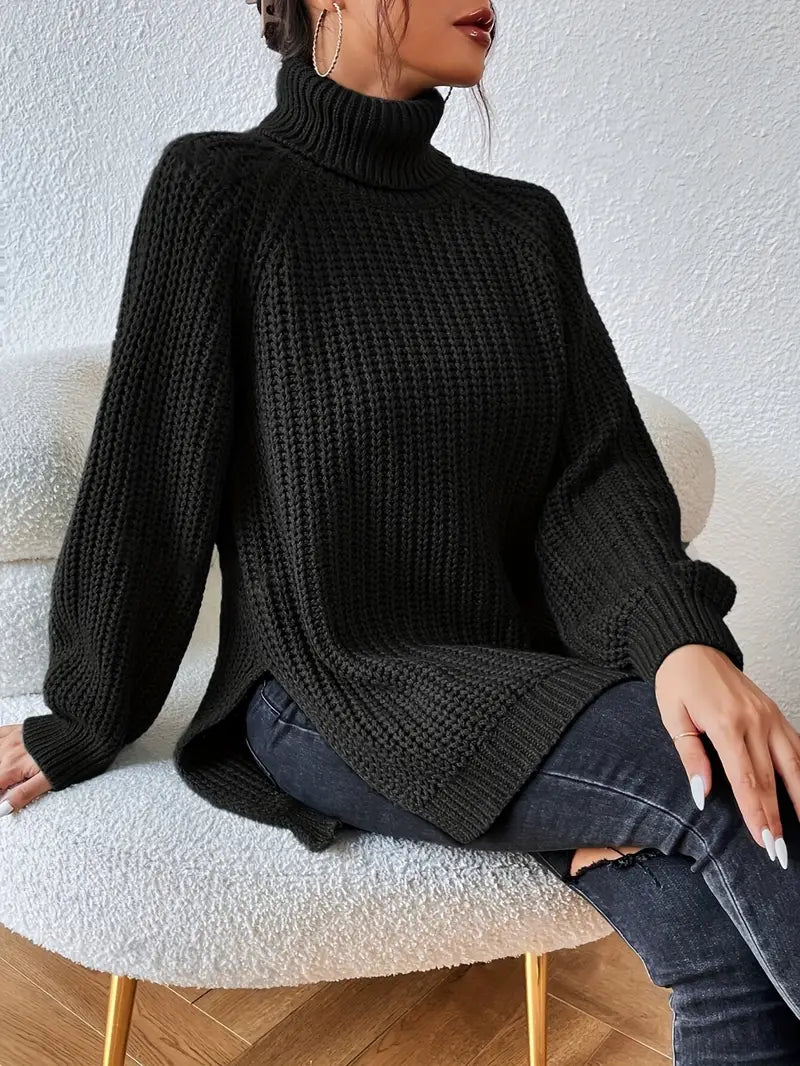Women's Chunky Knit Turtleneck Jumper with Side Split