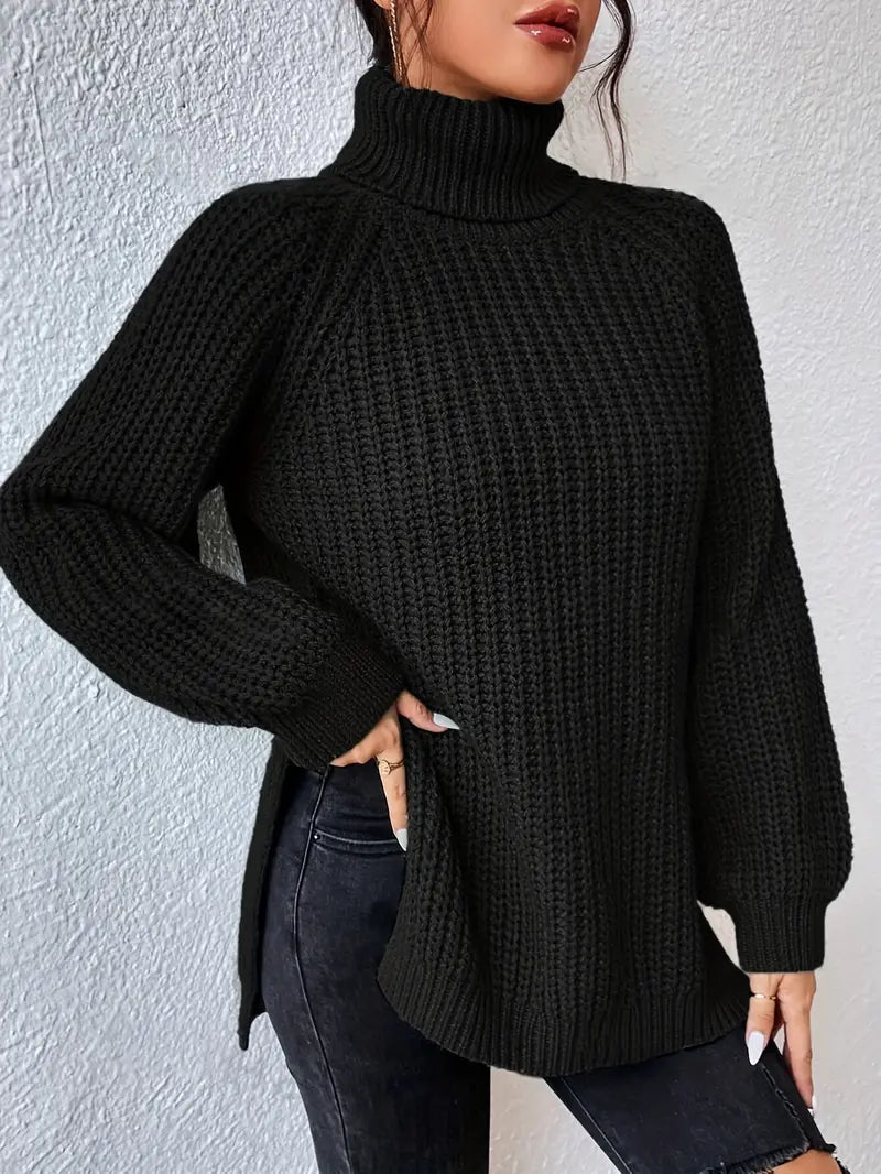 Women's Chunky Knit Turtleneck Jumper with Side Split