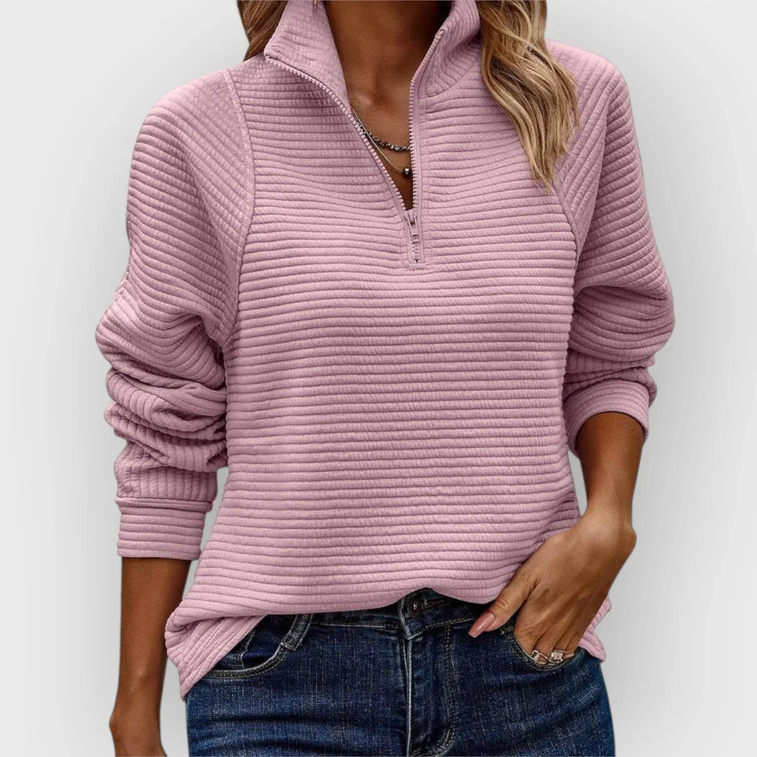Women's Ribbed Quarter Zip Jumper with Stand Collar