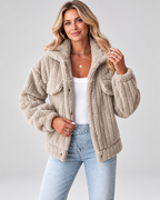 Women's Ribbed Teddy Fleece Jacket with Collar and Button Front