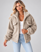 Women's Ribbed Teddy Fleece Jacket with Collar and Button Front