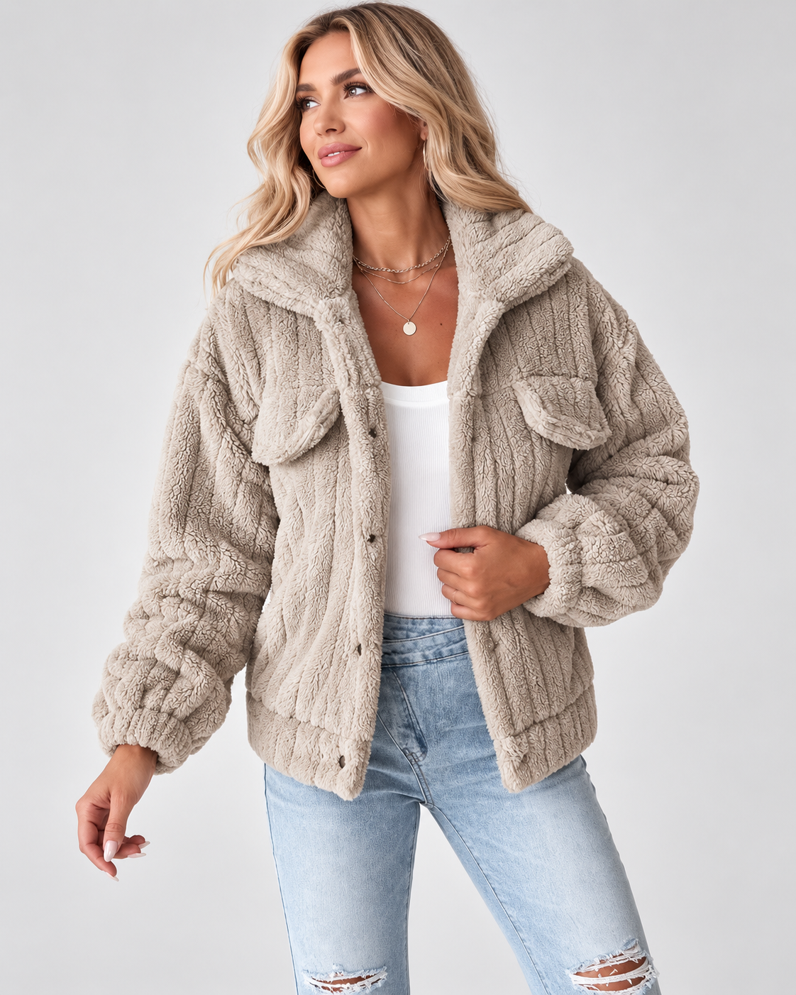 Women's Ribbed Teddy Fleece Jacket with Collar and Button Front