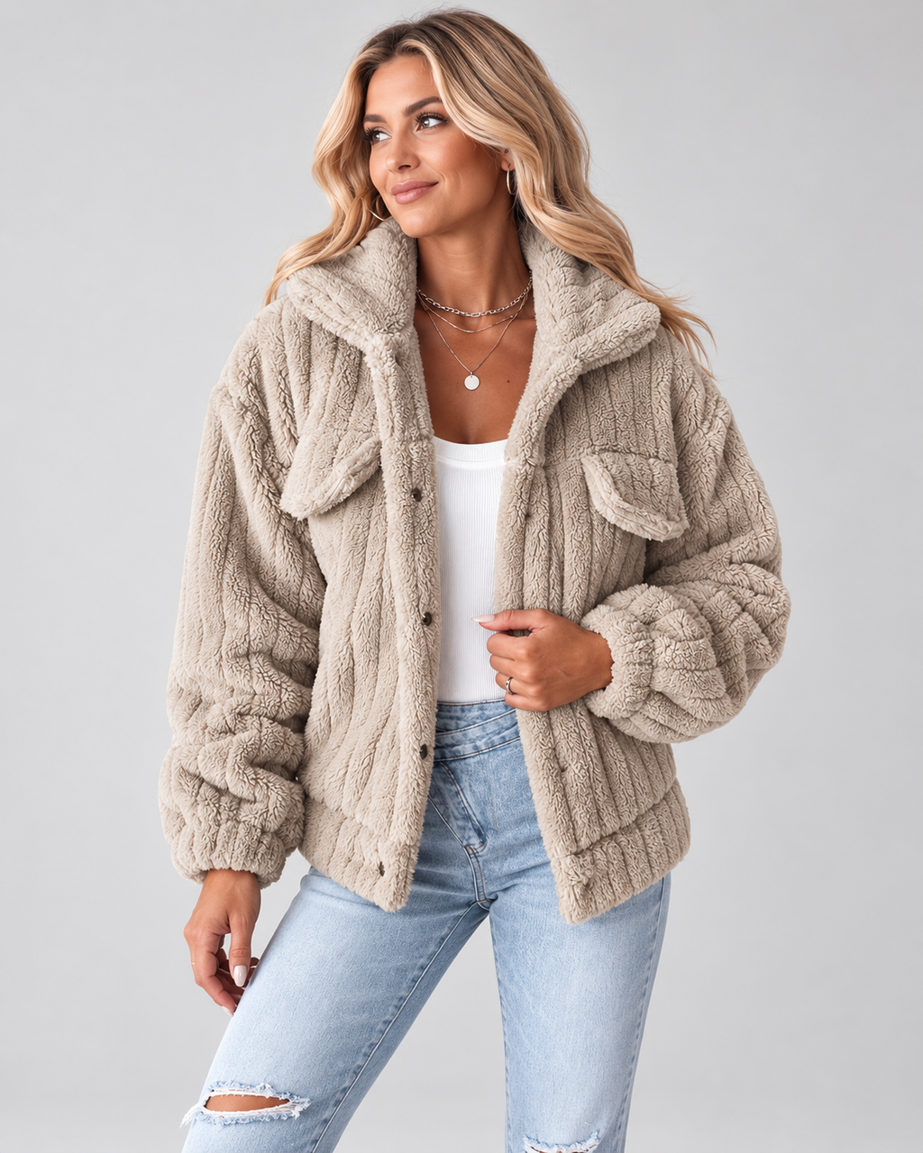 Women's Ribbed Teddy Fleece Jacket with Collar and Button Front