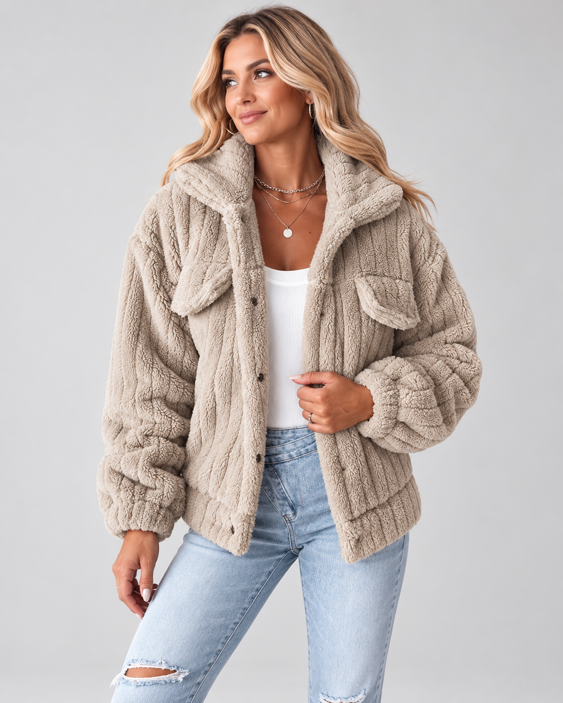 Women's Ribbed Teddy Fleece Jacket with Collar and Button Front