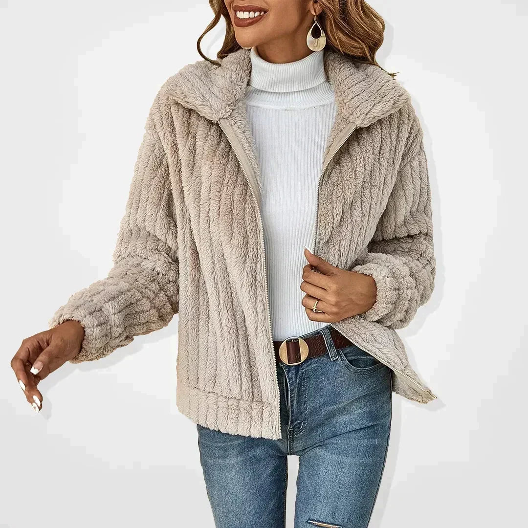 Women's Teddy Fleece Jacket with Zip Front and Collar