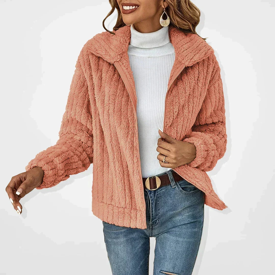 Women's Teddy Fleece Jacket with Zip Front and Collar