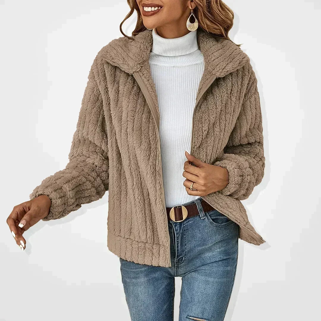 Women's Teddy Fleece Jacket with Zip Front and Collar
