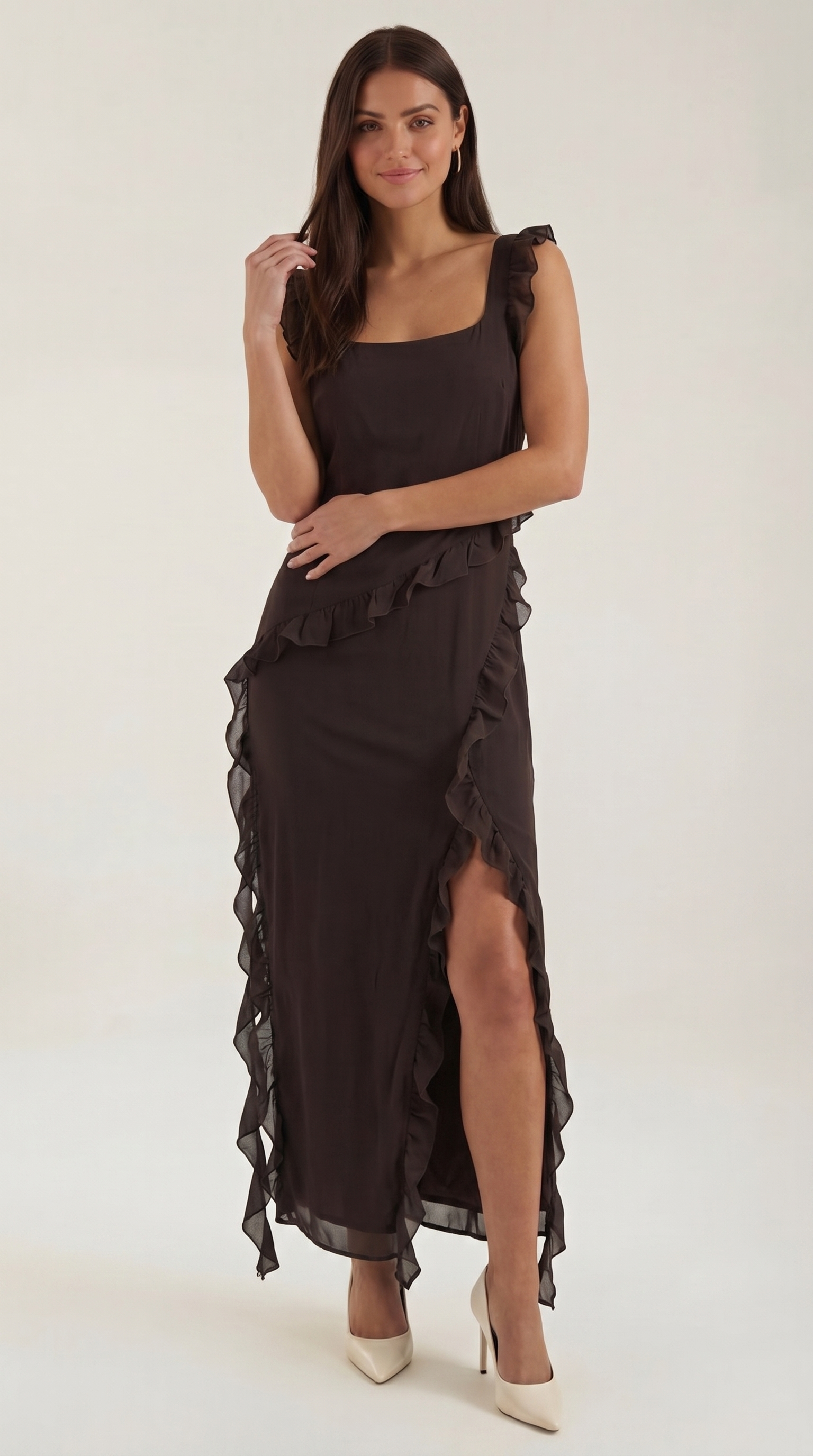 Women's Ruffle Square Neck High Slit Maxi Dress - Brown 1