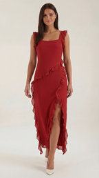 Women's Ruffle Square Neck High Slit Maxi Dress - Red 1