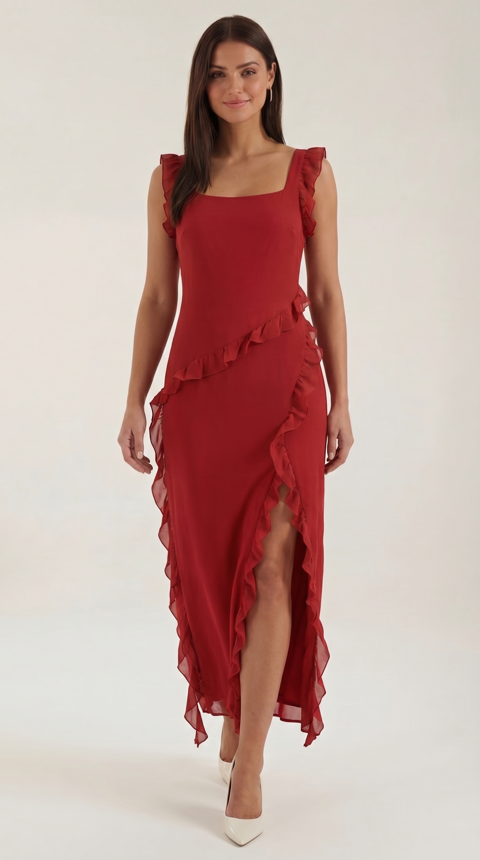 Women's Ruffle Square Neck High Slit Maxi Dress - Red 1