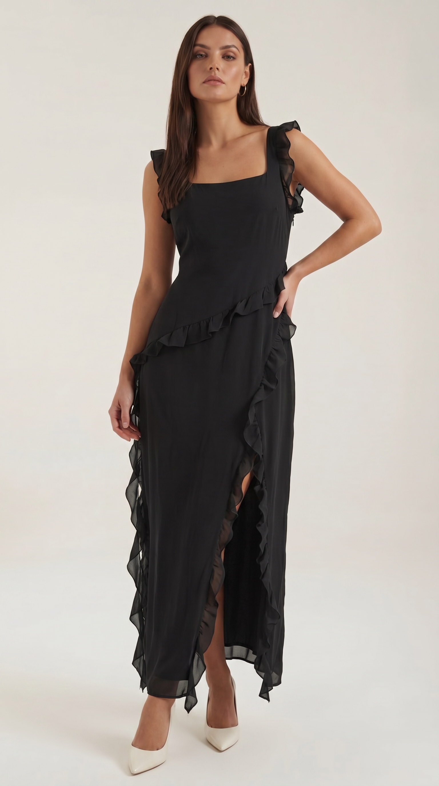 Women's Ruffle Square Neck High Slit Maxi Dress - Black 1
