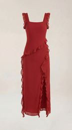 Women's Ruffle Square Neck High Slit Maxi Dress - Black 3