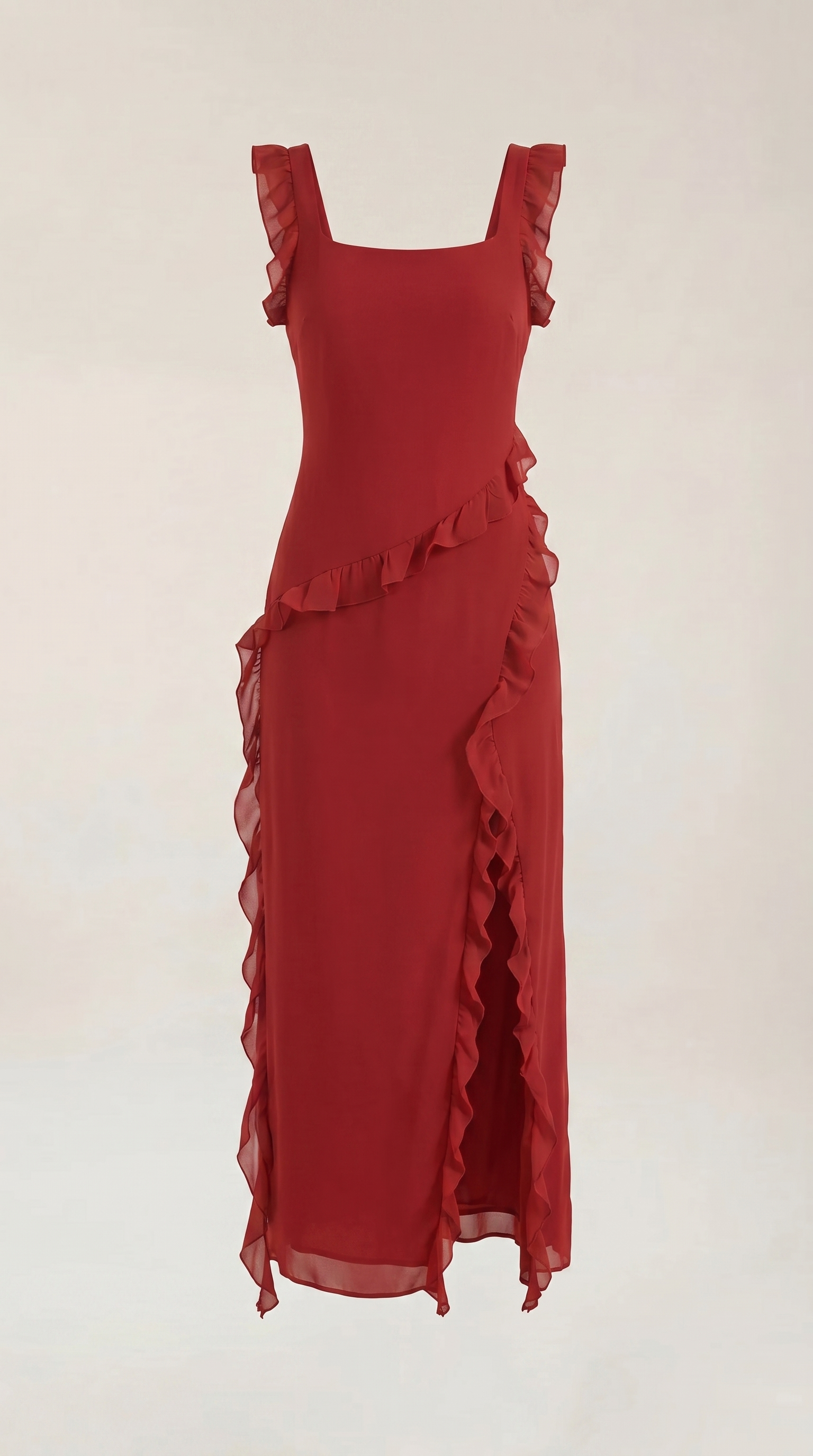 Women's Ruffle Square Neck High Slit Maxi Dress - Black 3