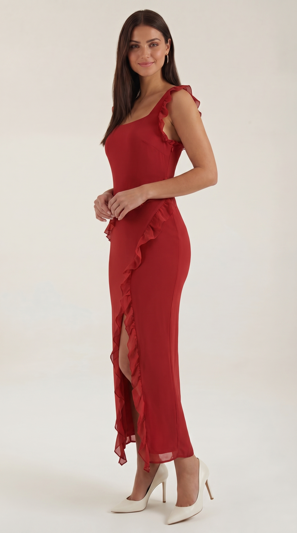 Women's Ruffle Square Neck High Slit Maxi Dress - Black 4