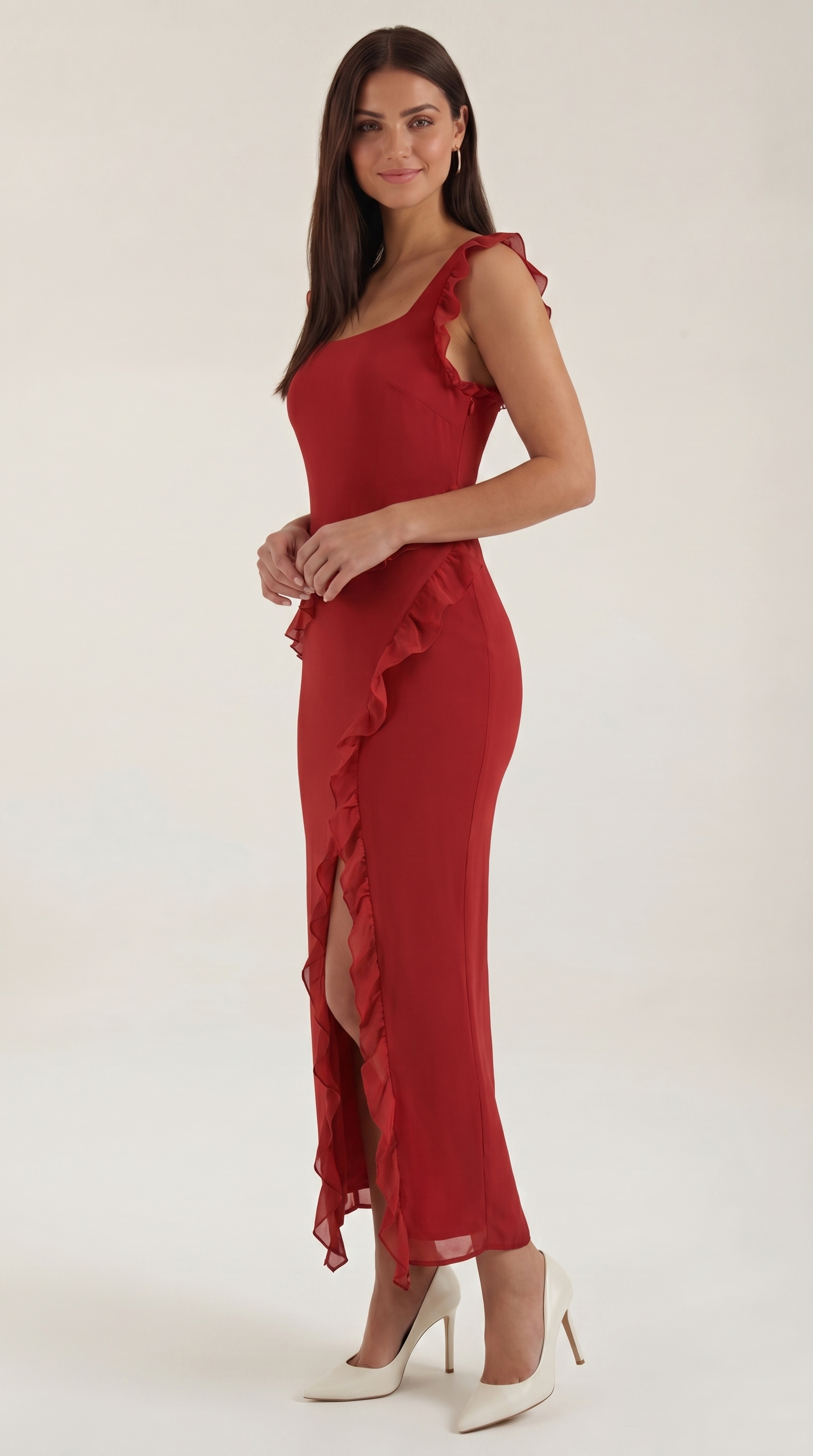 Women's Ruffle Square Neck High Slit Maxi Dress - Black 4