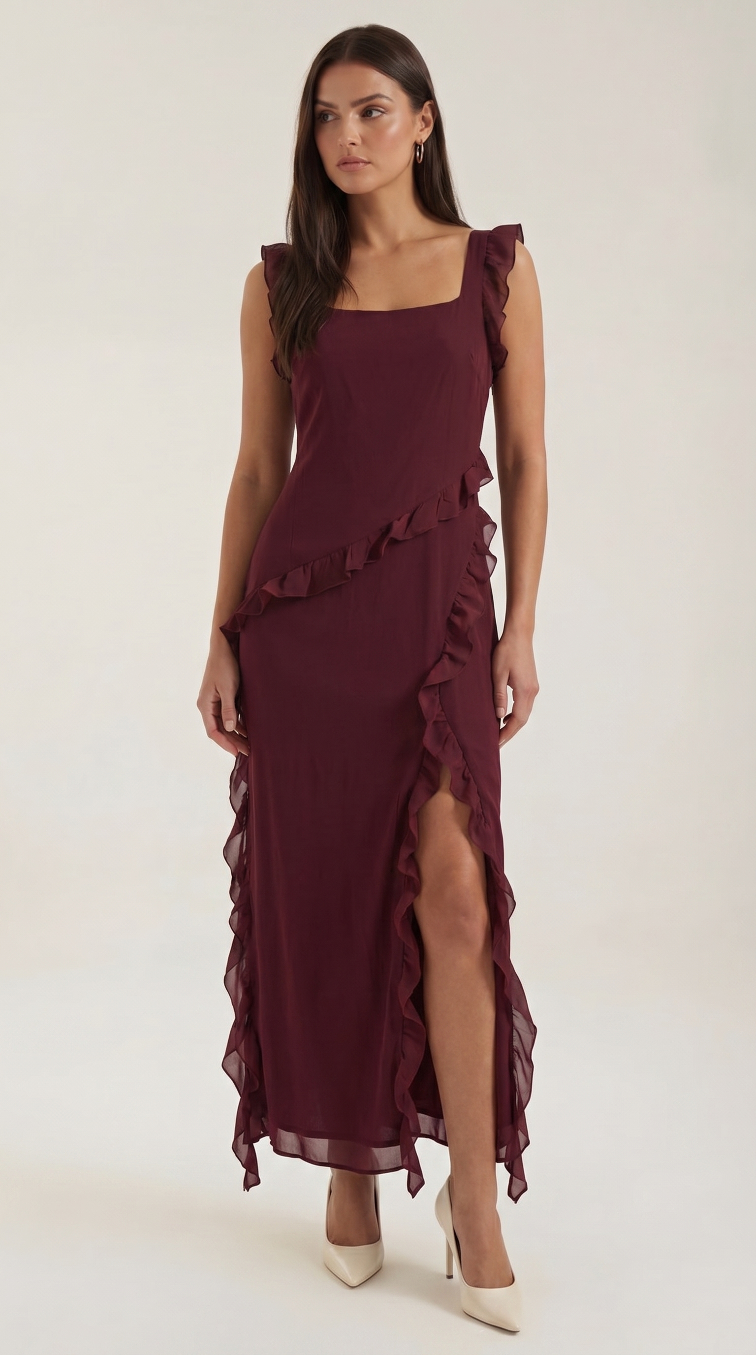 Women's Ruffle Square Neck High Slit Maxi Dress - Burgundy 1