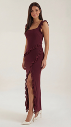Women's Ruffle Square Neck High Slit Maxi Dress - Burgundy 2