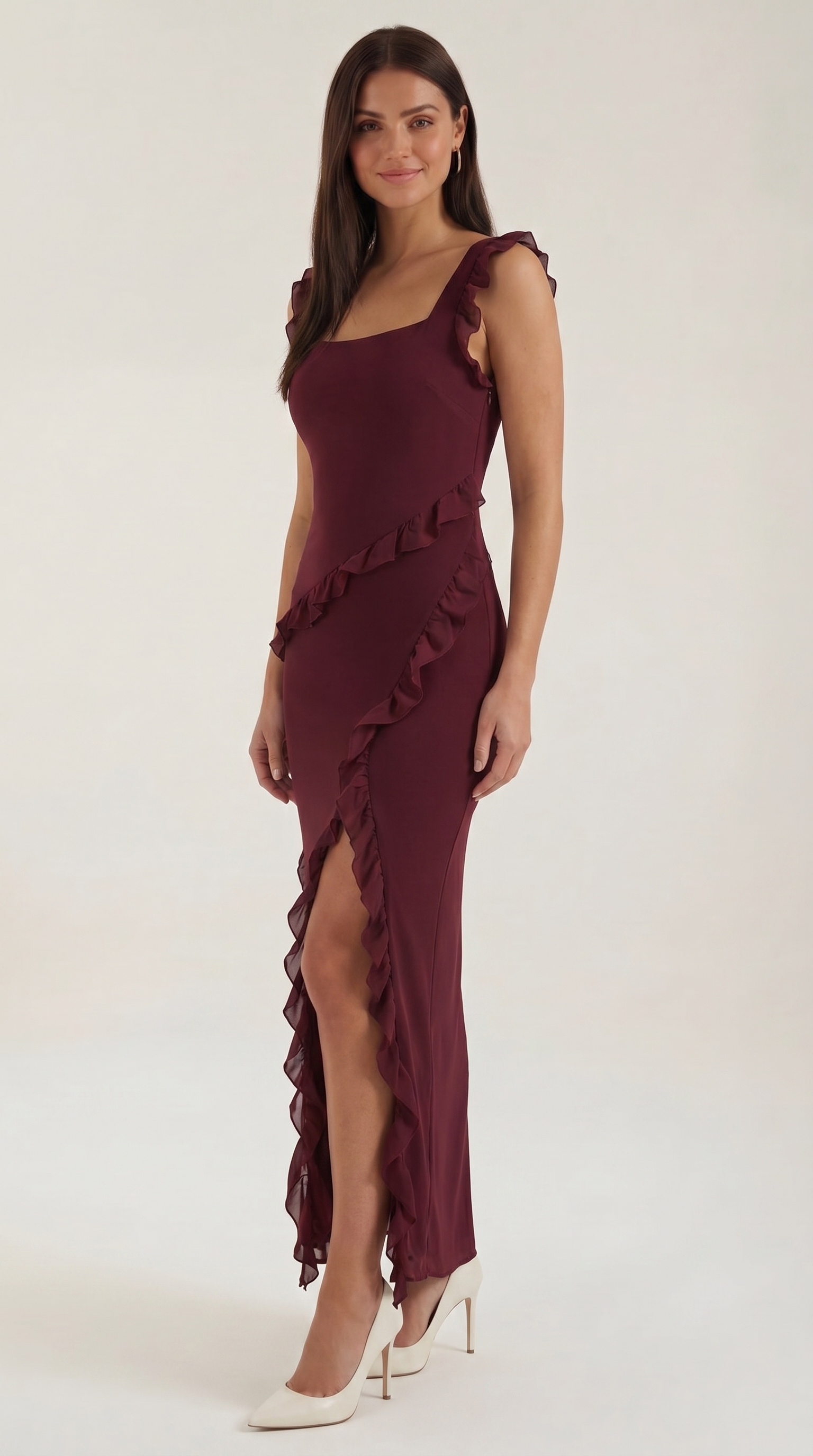 Women's Ruffle Square Neck High Slit Maxi Dress - Burgundy 2