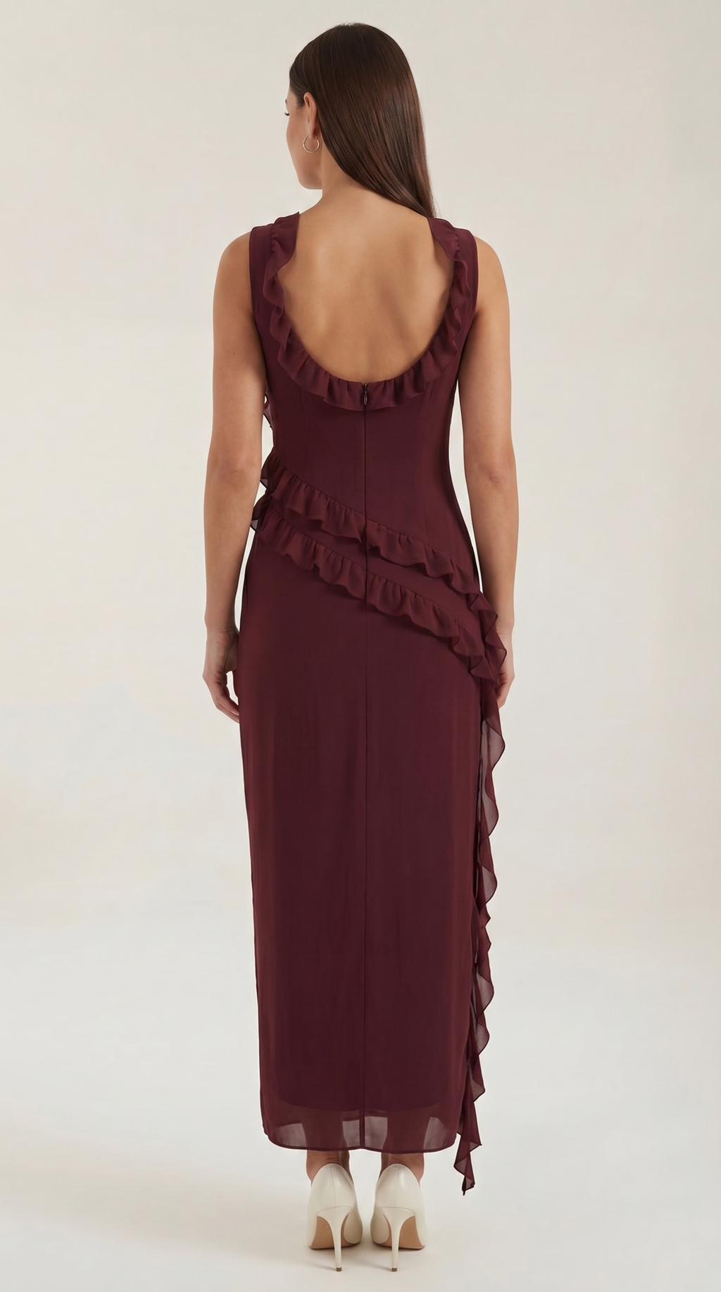 Women's Ruffle Square Neck High Slit Maxi Dress - Burgundy 4
