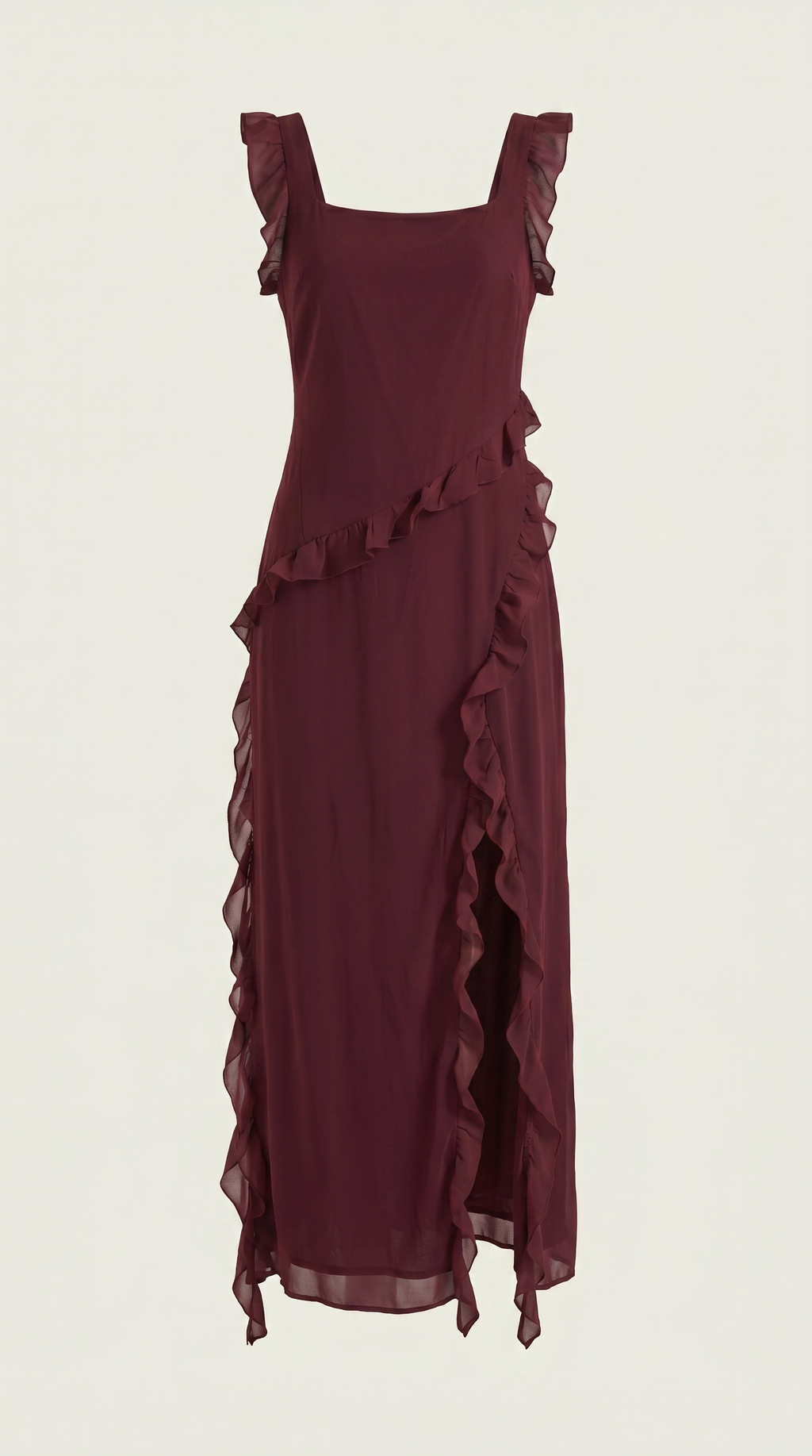 Women's Ruffle Square Neck High Slit Maxi Dress - Burgundy 5