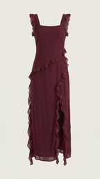 Women's Ruffle Square Neck High Slit Maxi Dress - Burgundy 5