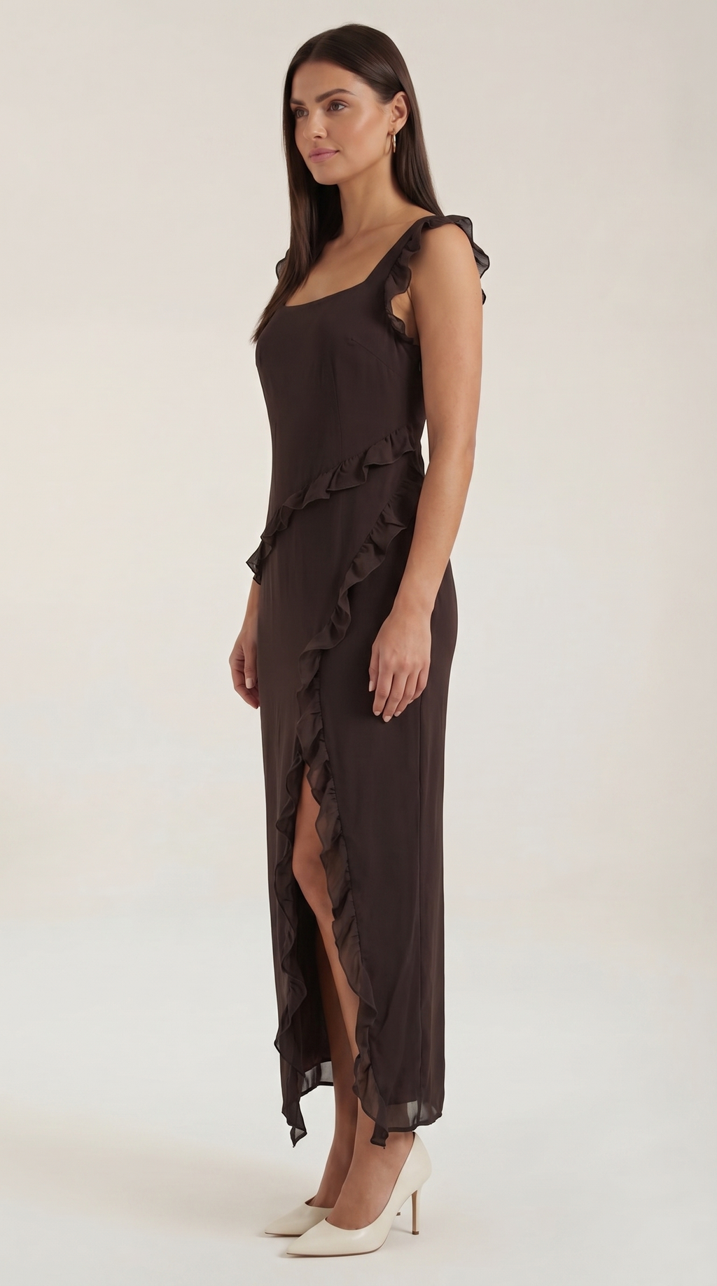 Women's Ruffle Square Neck High Slit Maxi Dress - Brown 2