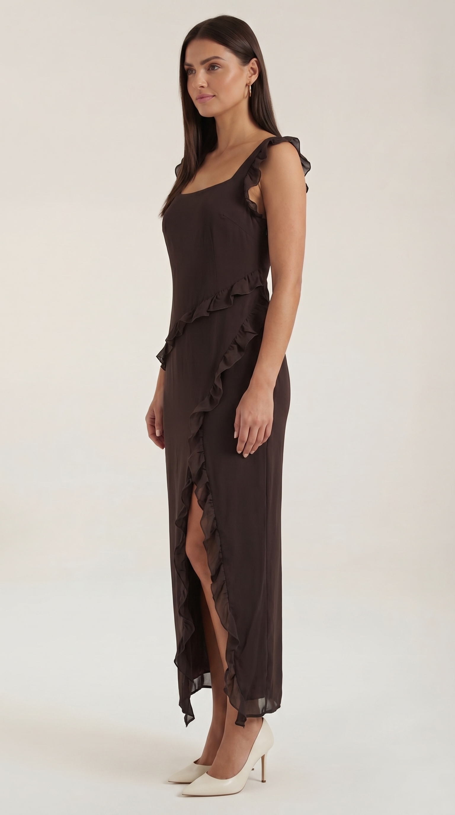 Women's Ruffle Square Neck High Slit Maxi Dress - Brown 2