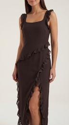 Women's Ruffle Square Neck High Slit Maxi Dress - Brown 3