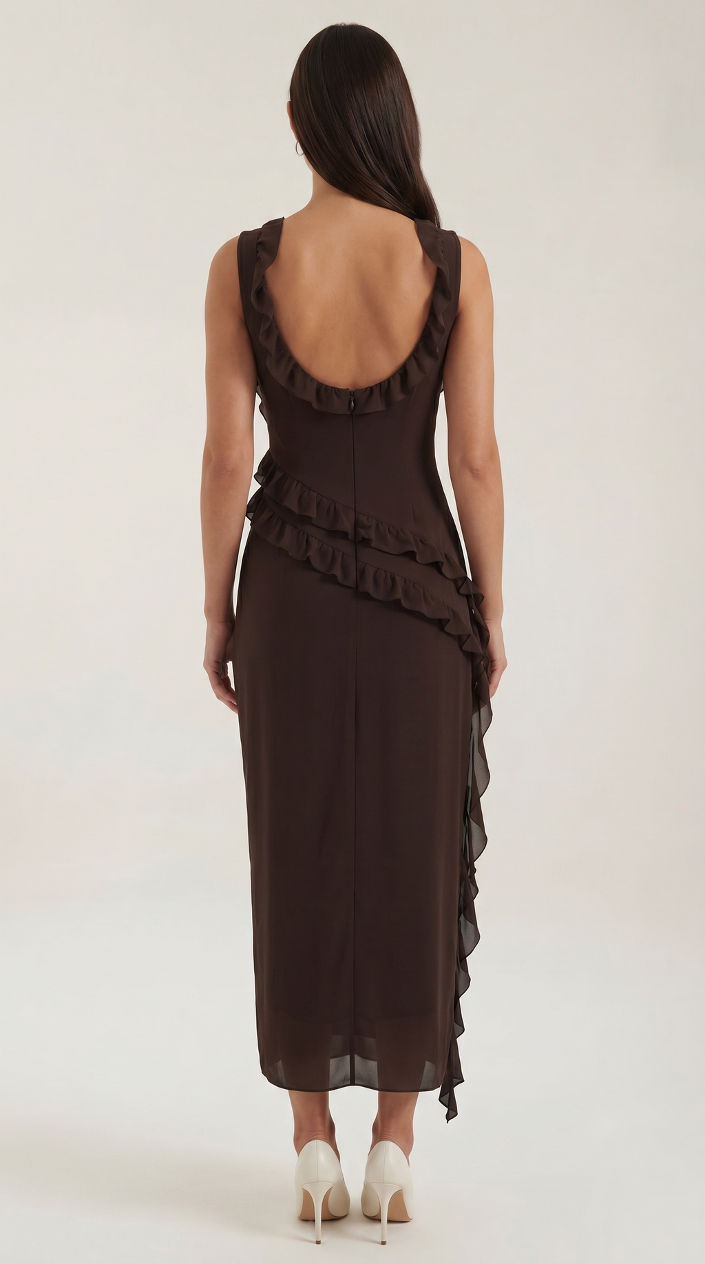 Women's Ruffle Square Neck High Slit Maxi Dress - Brown 4