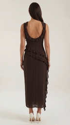 Women's Ruffle Square Neck High Slit Maxi Dress - Brown 4