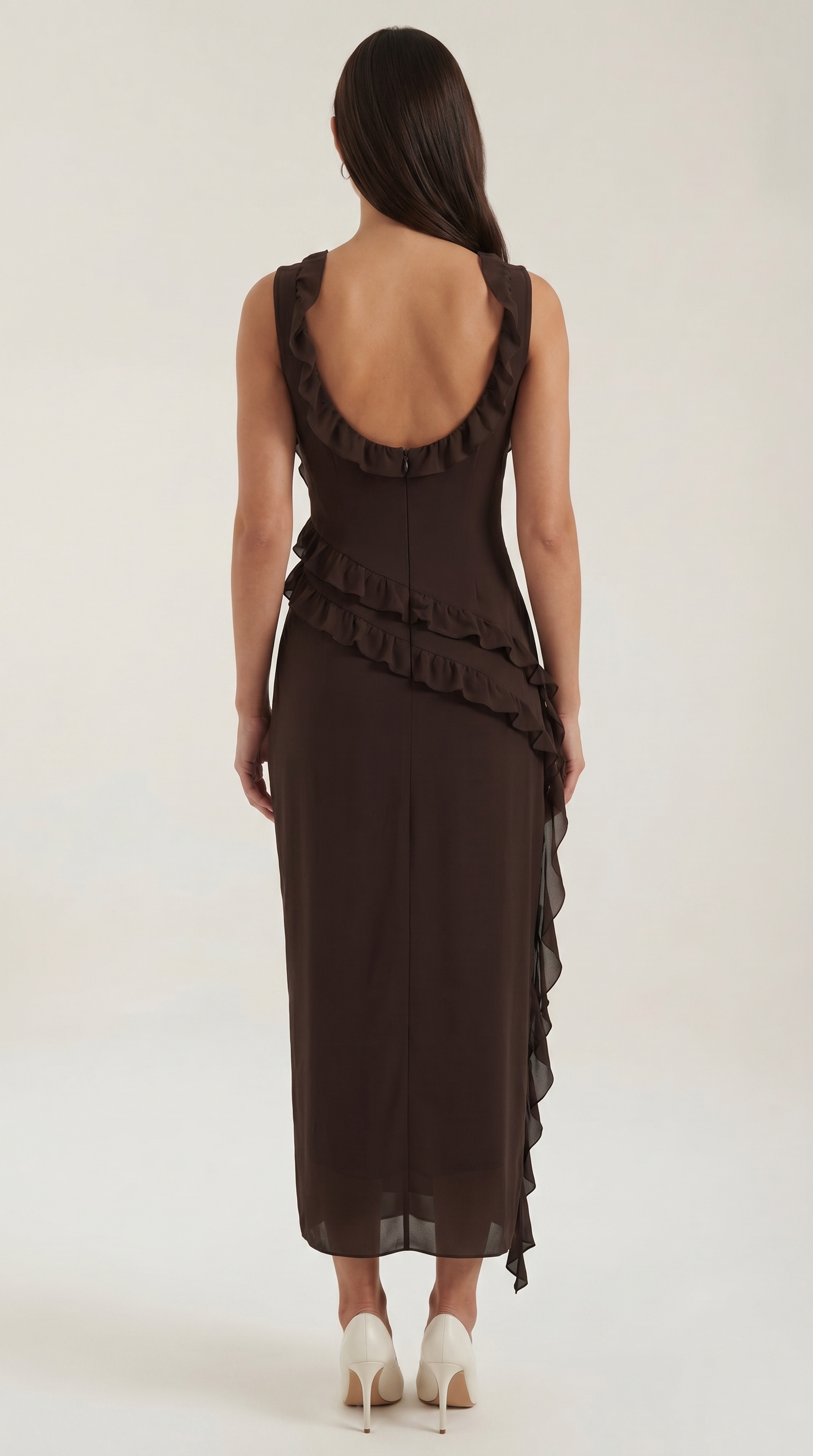 Women's Ruffle Square Neck High Slit Maxi Dress - Brown 4
