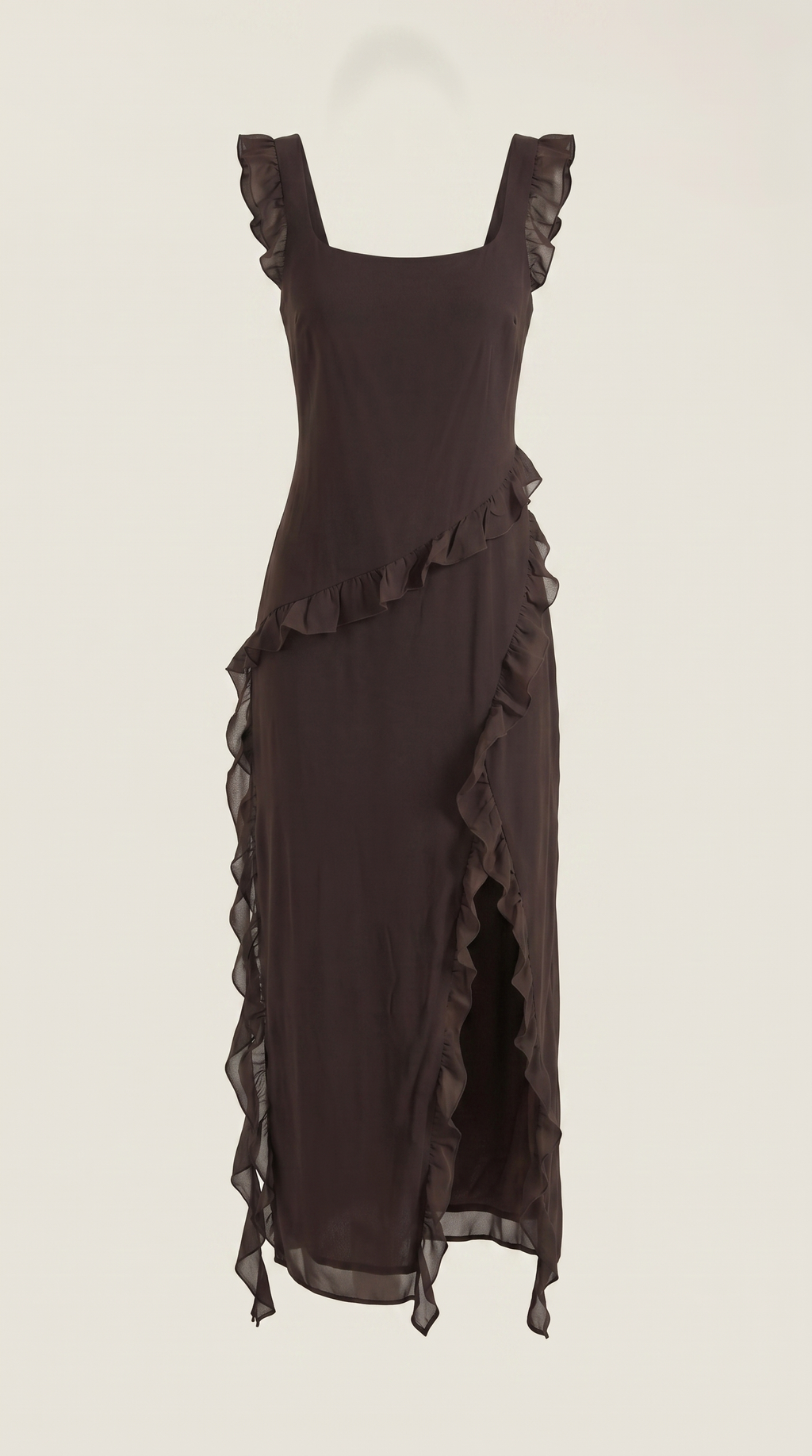 Women's Ruffle Square Neck High Slit Maxi Dress - Brown 5
