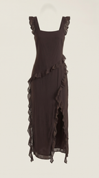 Women's Ruffle Square Neck High Slit Maxi Dress - Brown 5