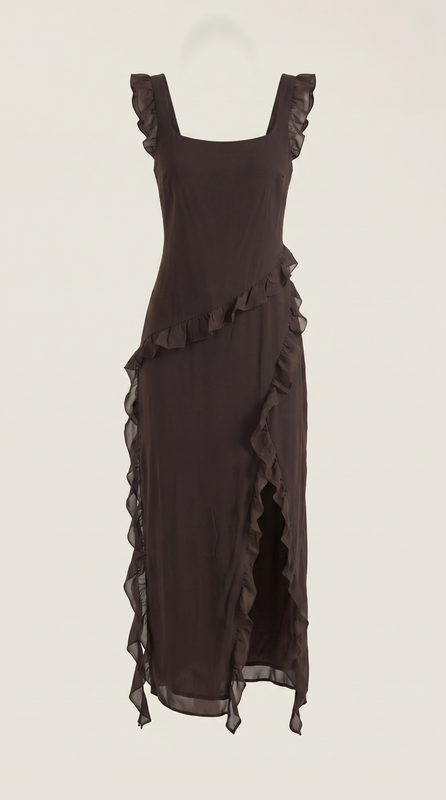 Women's Ruffle Square Neck High Slit Maxi Dress - Brown 5