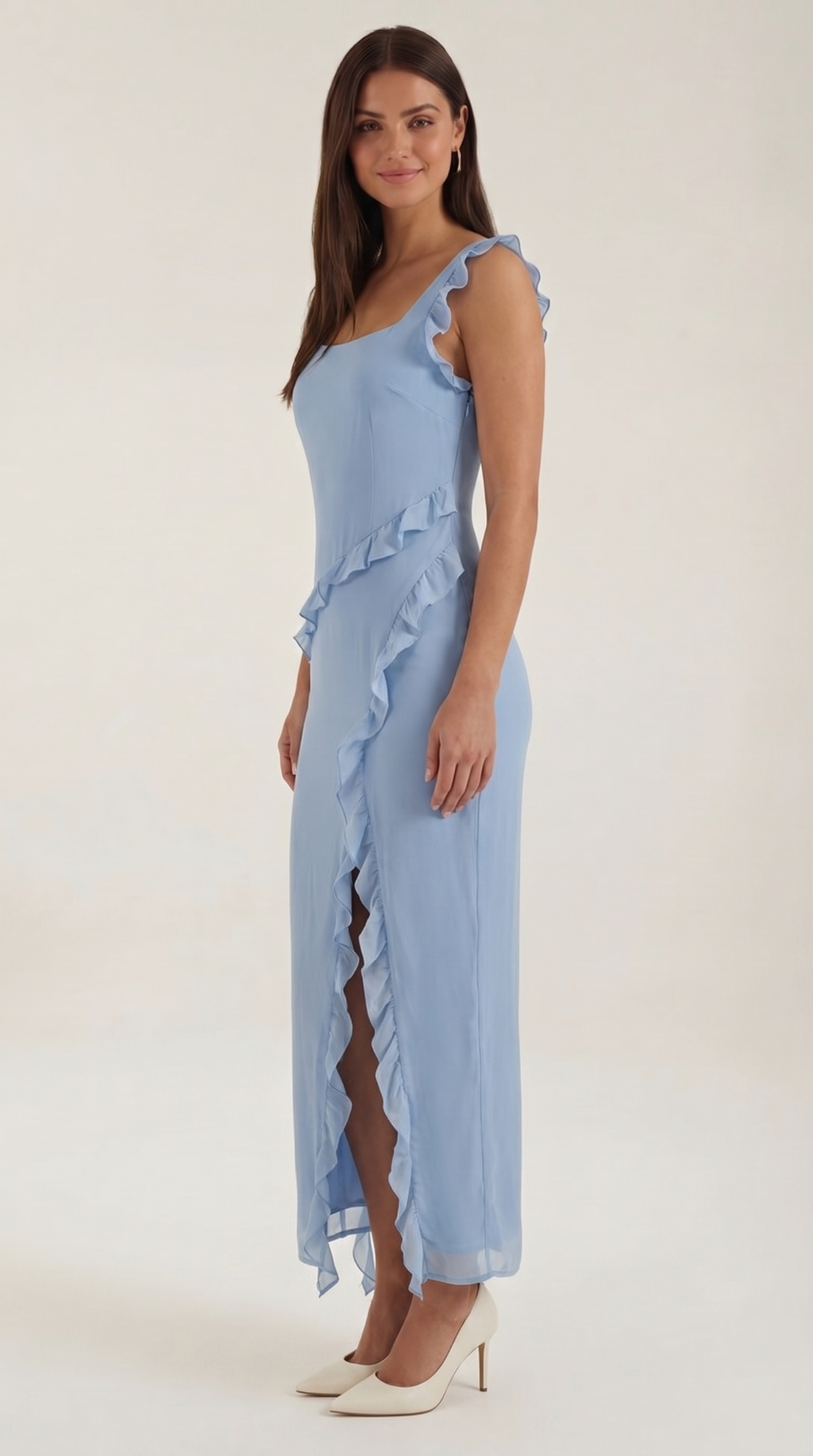 Women's Ruffle Square Neck High Slit Maxi Dress - Light Blue 2