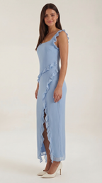 Women's Ruffle Square Neck High Slit Maxi Dress - Light Blue 2