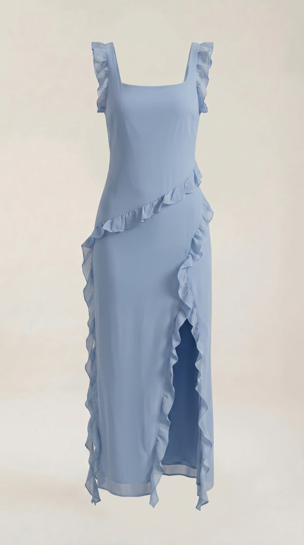 Women's Ruffle Square Neck High Slit Maxi Dress - Light Blue 4