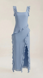 Women's Ruffle Square Neck High Slit Maxi Dress - Light Blue 4