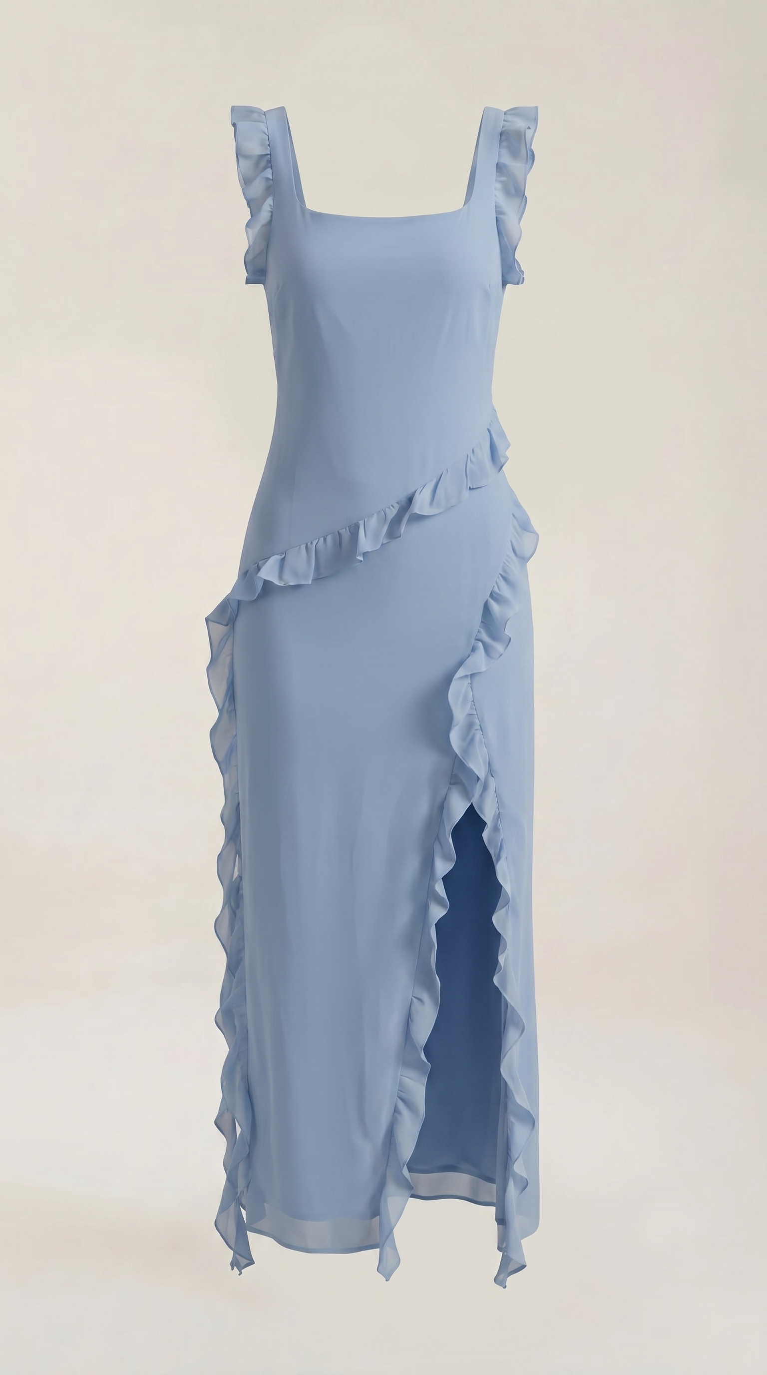 Women's Ruffle Square Neck High Slit Maxi Dress - Light Blue 4