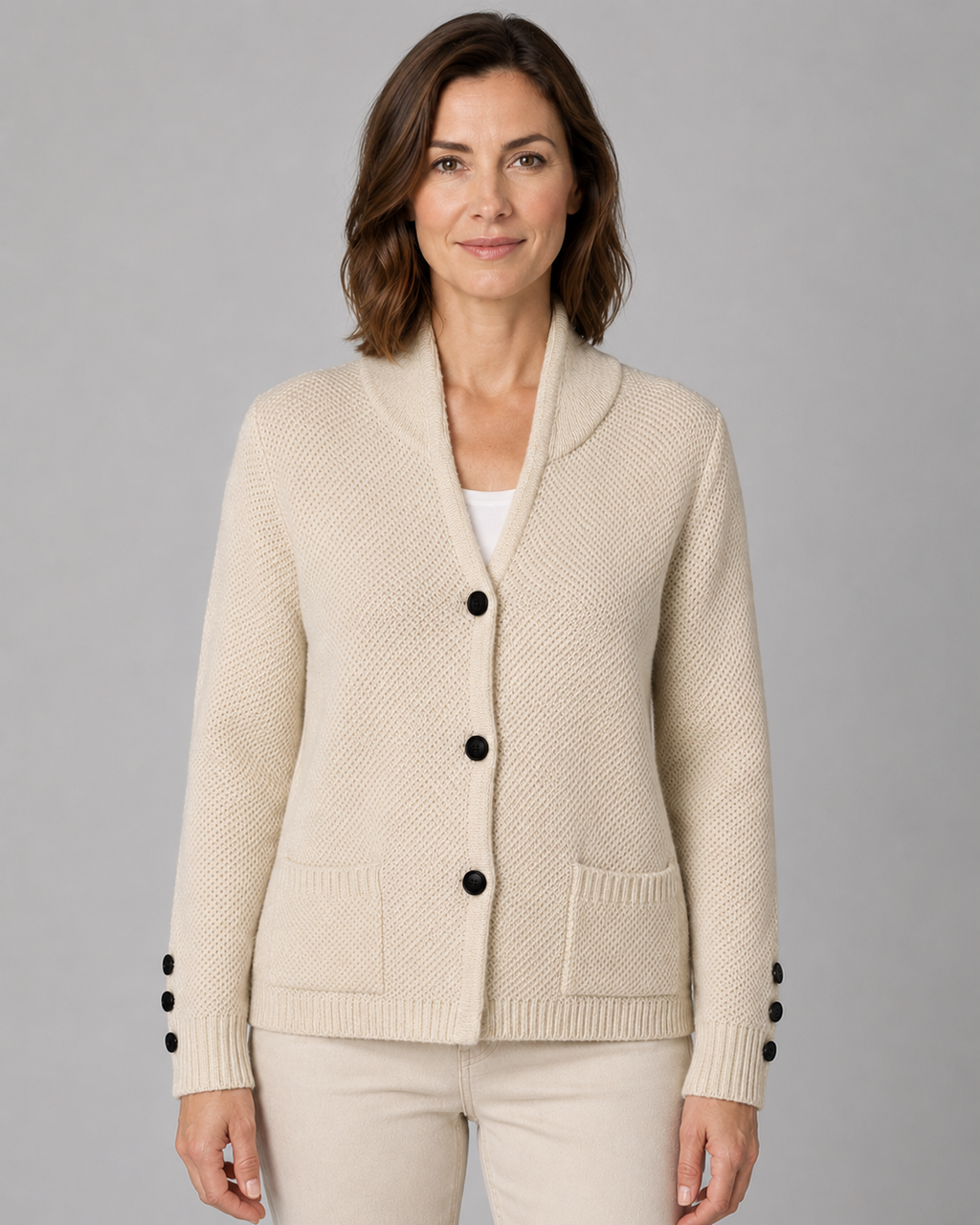 Women's Textured Collared Knit Cardigan with Button Front and Pockets