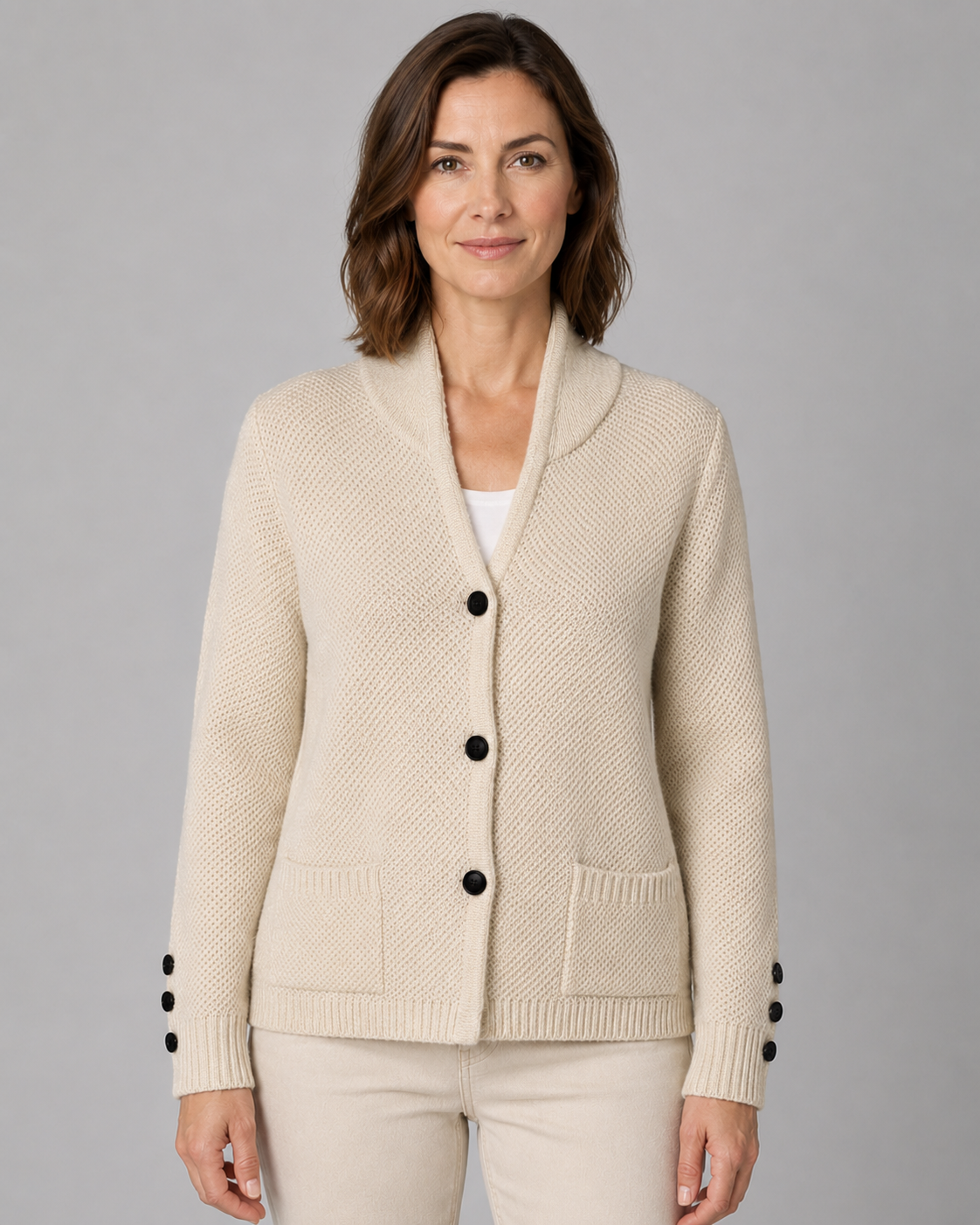 Women's Textured Collared Knit Cardigan with Button Front and Pockets
