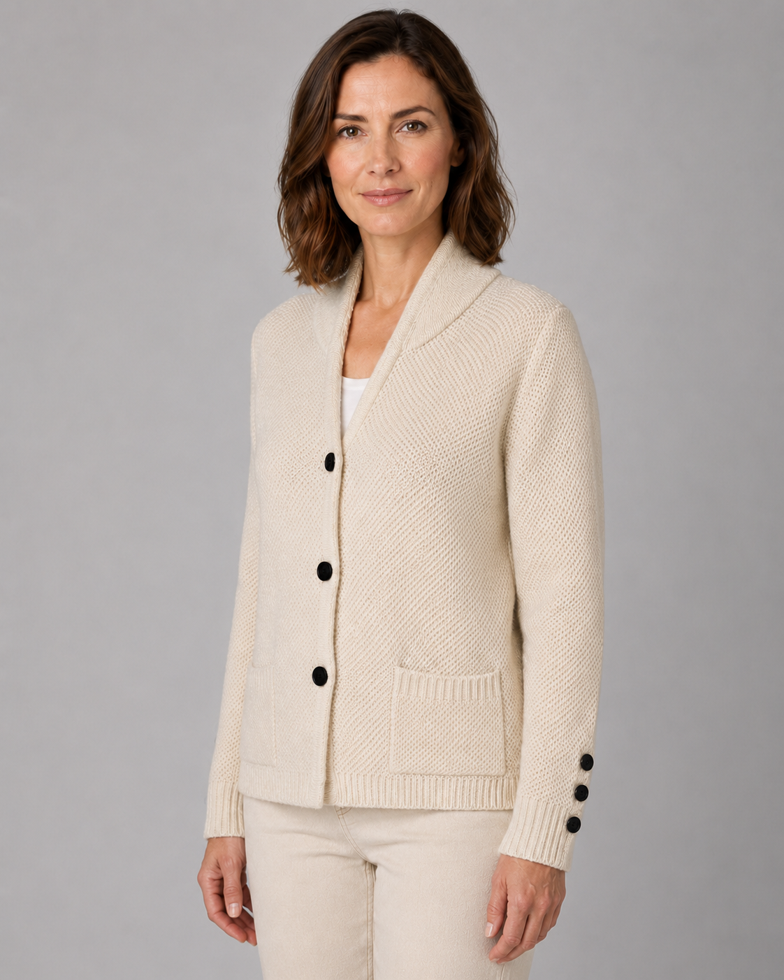 Women's Textured Collared Knit Cardigan with Button Front and Pockets